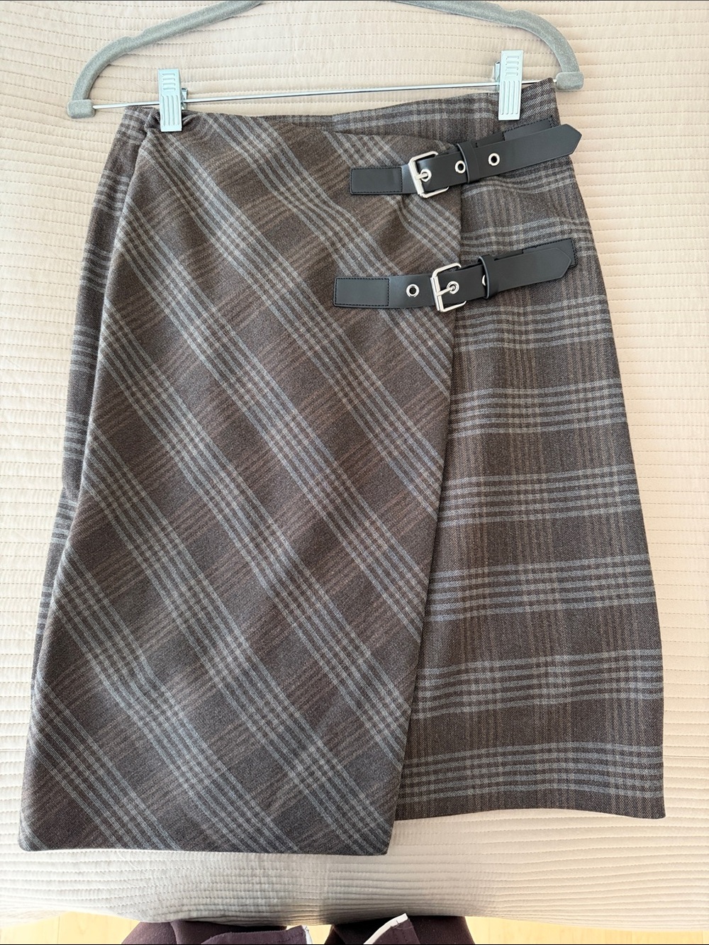 Mango Plaid Wrap Skirt in Brown and Gray with Buckle Straps
